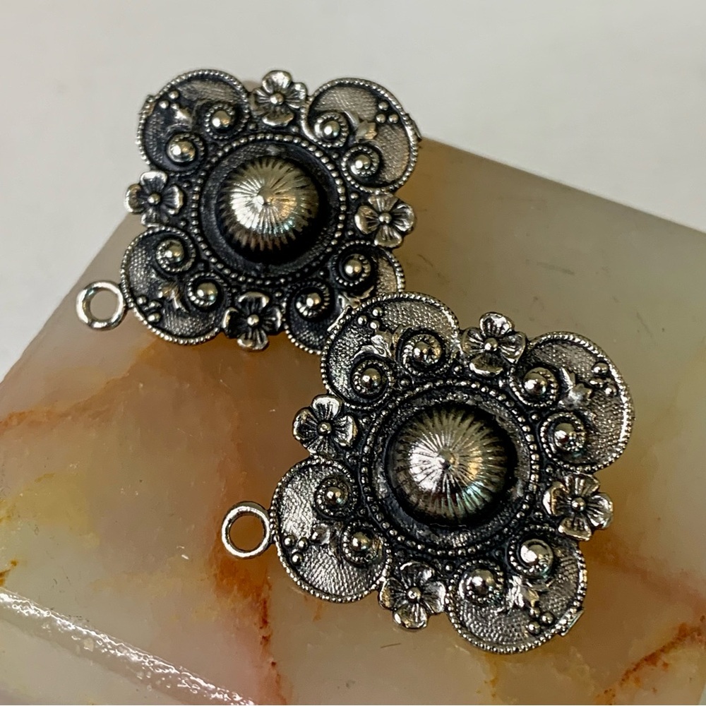 Vintage Style Dutch Zeeland Button Post Earrings Silver Tone Folk Filigree 1.3"